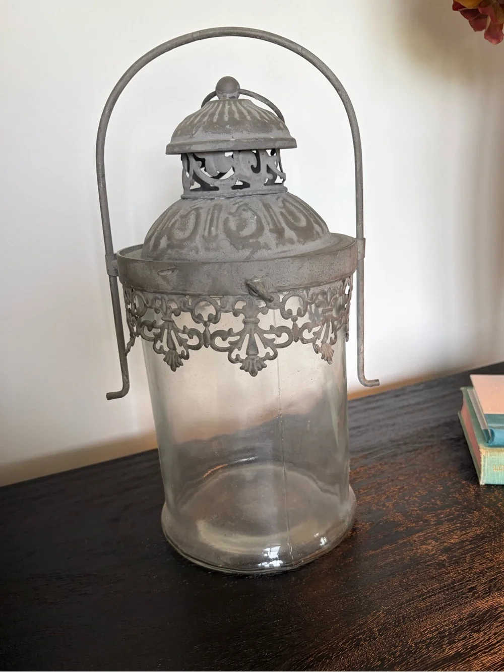 Decorative Glass Lantern with Ornate Gray Metal Top - Unbranded